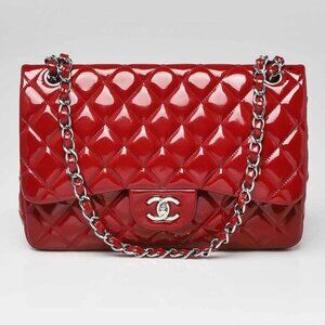 Chanel Red Quilted Patent Leather Classic Jumbo Double Flap Bag